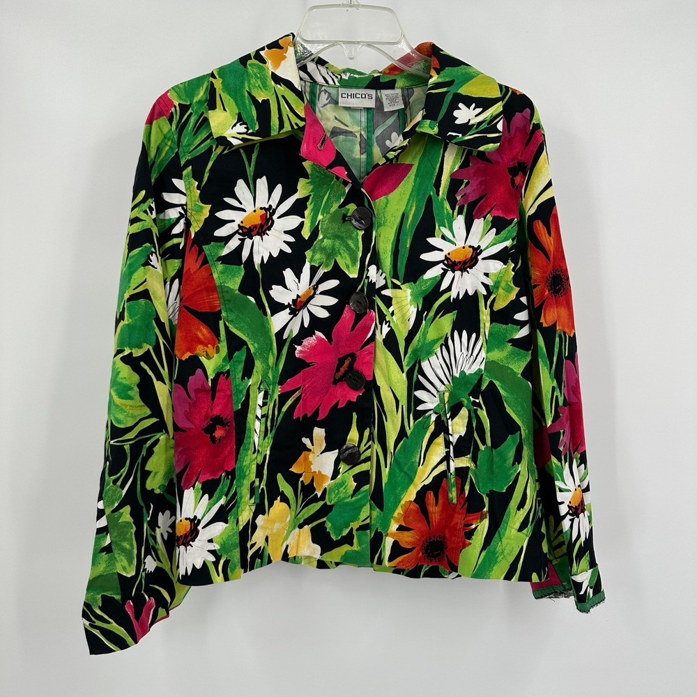Chicos Womens Tropical Floral Jacket Size 1 US M Resort‎ Coastal Vacation Bold